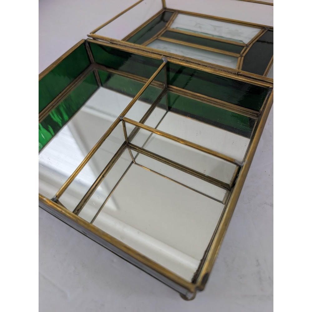 Jewelry Box Etched Floral Stained Glass Green Clear Vintage Glass Trinket FLAW - Picture 8 of 16